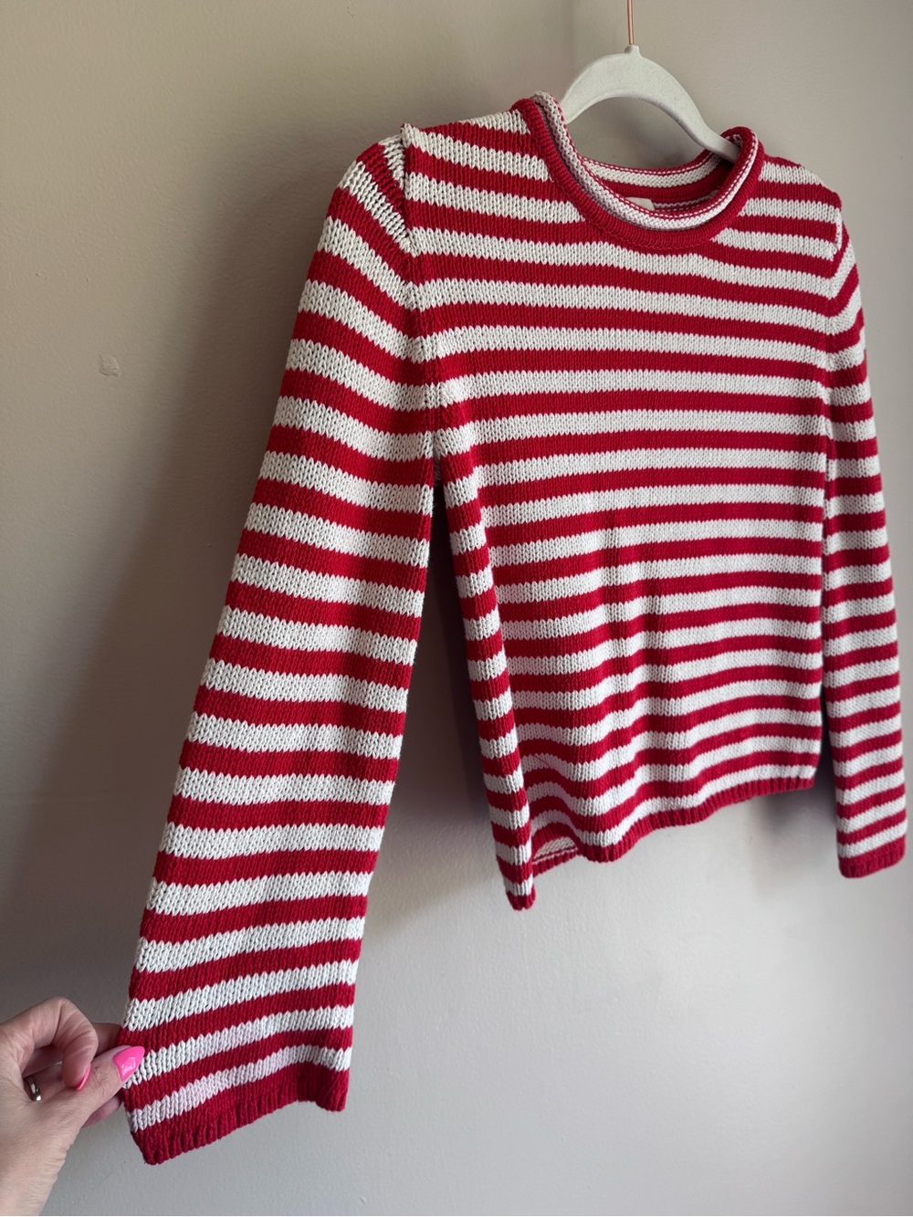 A New Day Red White Striped Shrunken Sweater 100% Cotton Crew Neck S - Picture 3 of 8